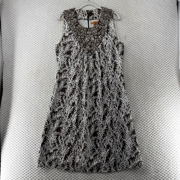 Tory Burch Dress Silk Brown & White Print Beaded Neckline Reef Coastal Resort 12